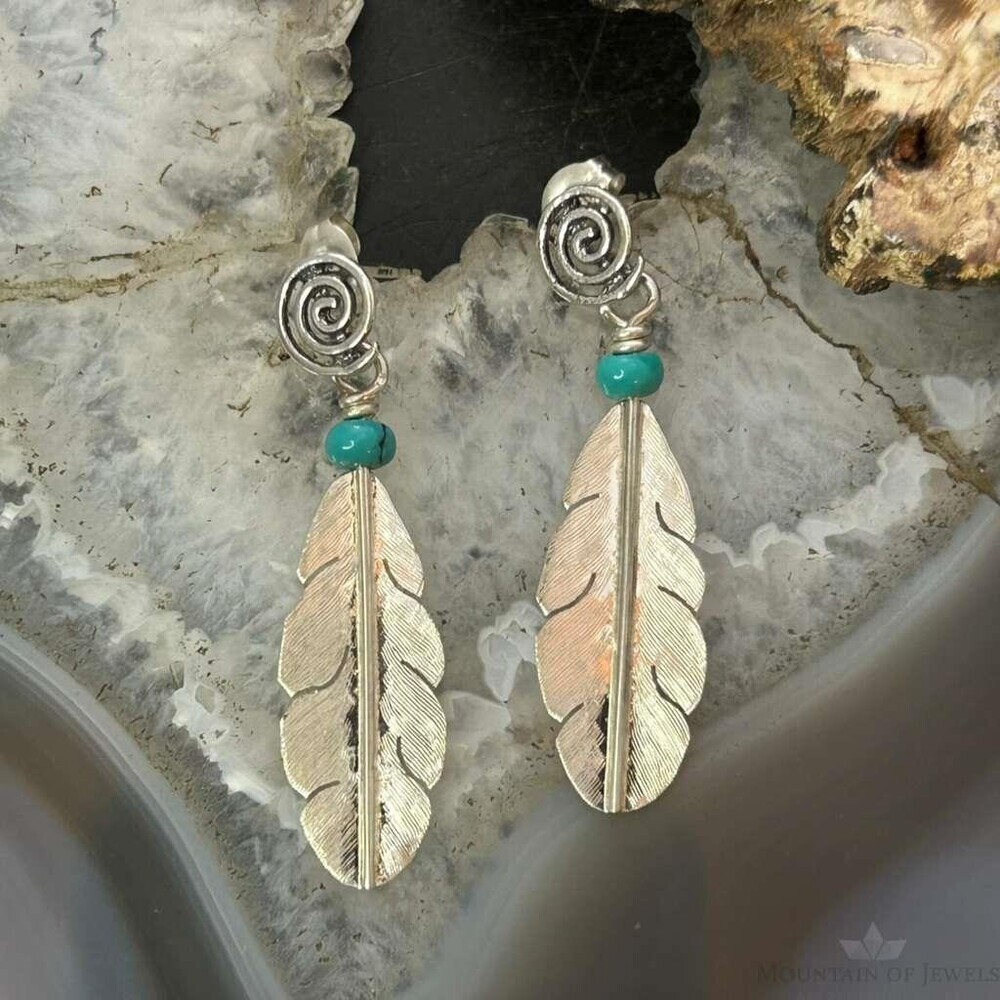 Anthony Gatewood Sterling & Turquoise Spiral Feather Dangle Earrings For Women